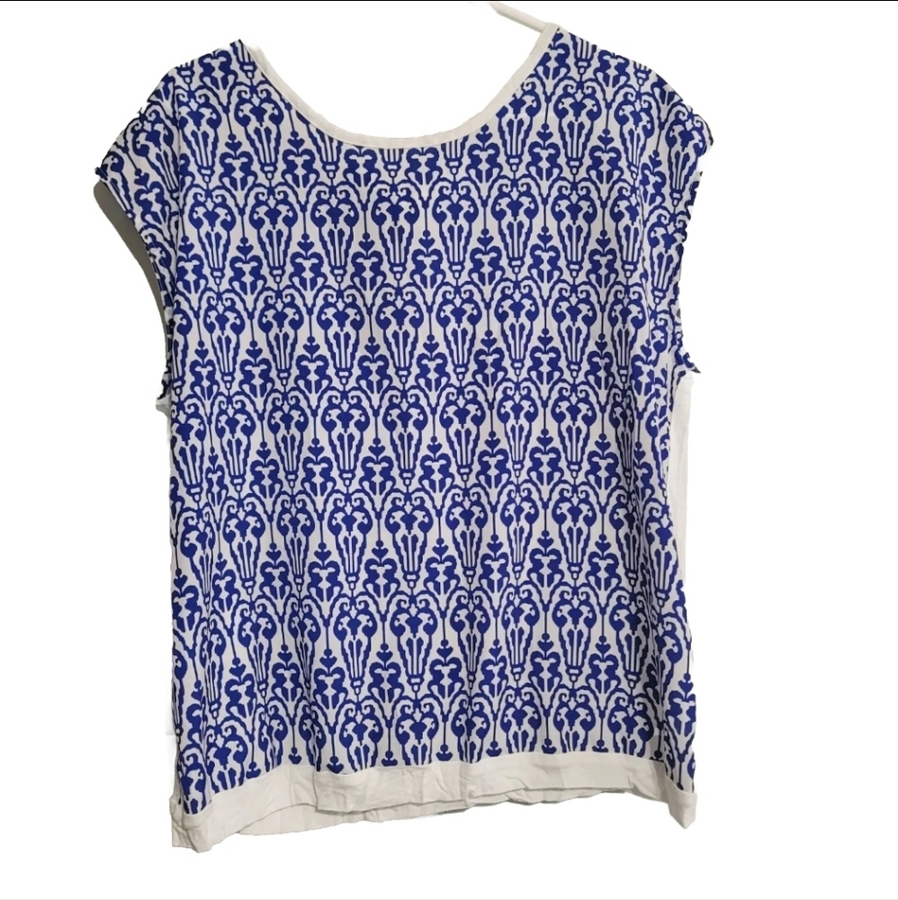 Womens Blouse‎ Size Large Silky Top Blue White Greece Mykonos Lightweight Vacay